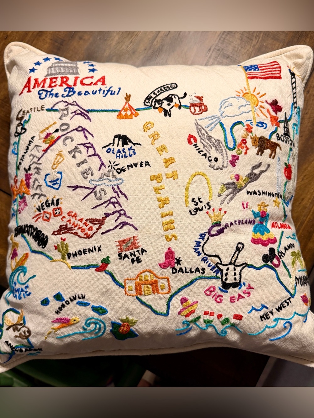 Vintage Catstudio 'America The Beautiful' Map Pillow - Hand Embroidered